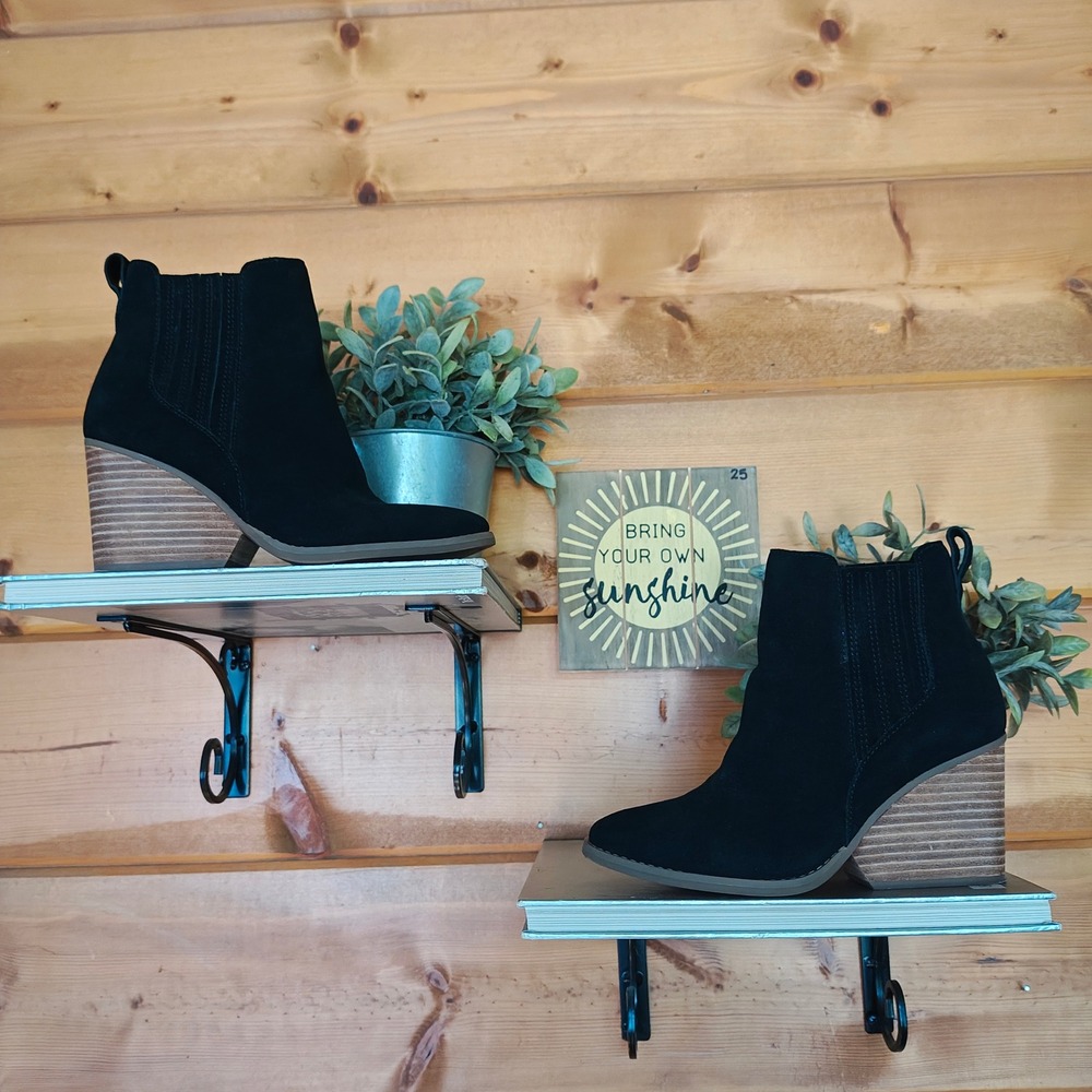 Toms Noa Black Suede Leather Chelsea Stack Wedge Ankle Bootie Boot Stretch Sz 5